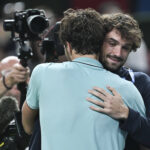 Arthur Rinderknech hugs Valentin Vacherot of Monaco after the men's singles semifinal between Arthur Rinderknech of France and Daniil Medvedev of Russia at the ATP World Tour Shanghai Masters tennis tournament in Shanghai, east China, Oct. 11, 2025. (Xinhua/Chen Haoming) - Chen Haoming -//CHINENOUVELLE_XxjpbeE000480_20251011_PEPFN0A001/Credit:CHINE NOUVELLE/SIPA/2510111806