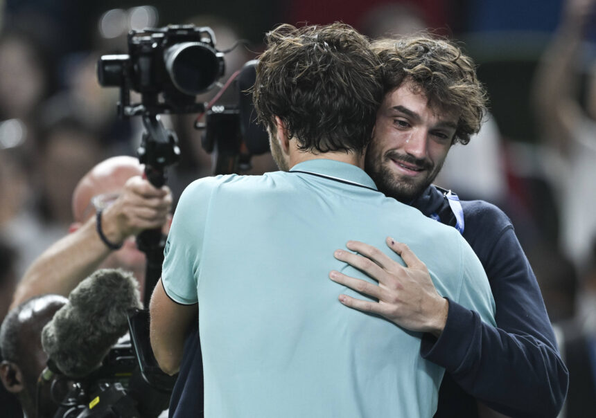 Arthur Rinderknech hugs Valentin Vacherot of Monaco after the men's singles semifinal between Arthur Rinderknech of France and Daniil Medvedev of Russia at the ATP World Tour Shanghai Masters tennis tournament in Shanghai, east China, Oct. 11, 2025. (Xinhua/Chen Haoming) - Chen Haoming -//CHINENOUVELLE_XxjpbeE000480_20251011_PEPFN0A001/Credit:CHINE NOUVELLE/SIPA/2510111806